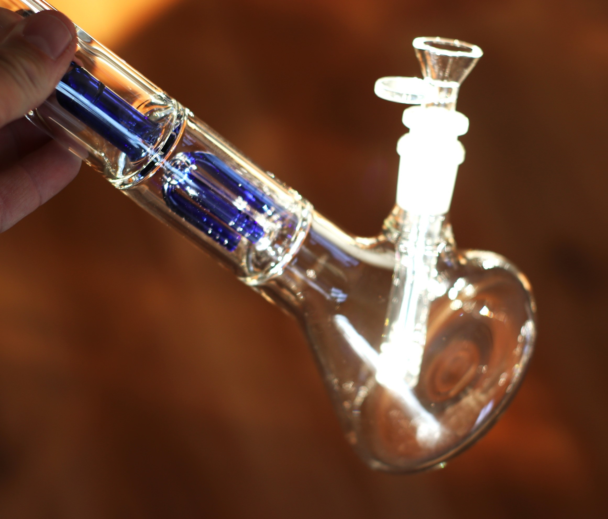 12" Clear Glass Bong-Slider & Herb Bowl-Blue Accents-Top quality Table top water beaker-bong-glass pipe - 12' Glass Beaker Bong